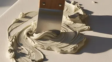 Spachtel verteilt Paste auf Leinwandfläche.