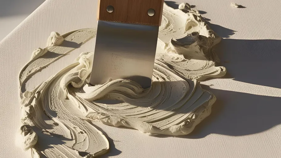 Palette knife spreads paste on canvas surface.