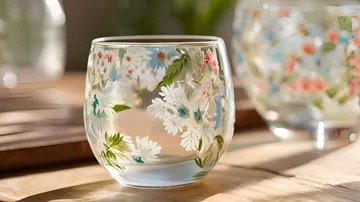 Glas mit Blumendesign auf Holztisch.