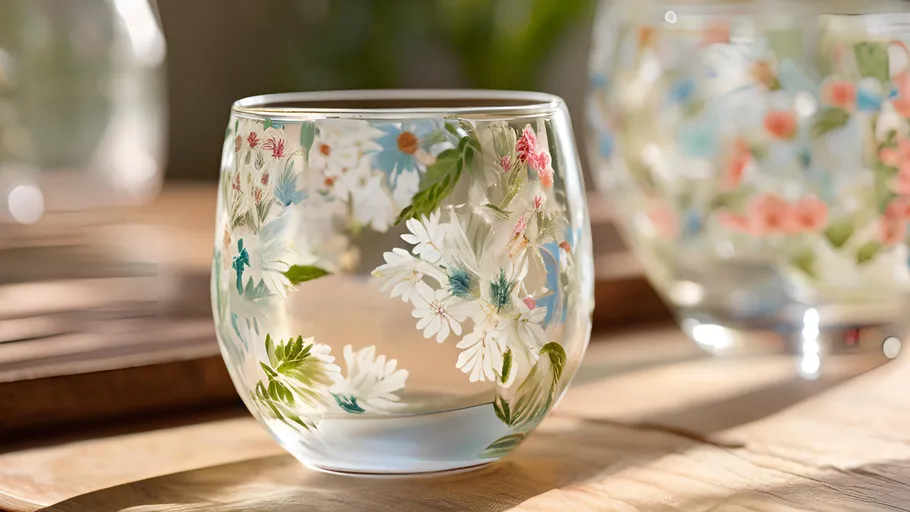 Glas mit Blumendesign auf Holztisch.