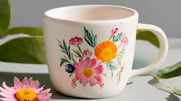 Blumenbecher auf Tisch mit Blüten.