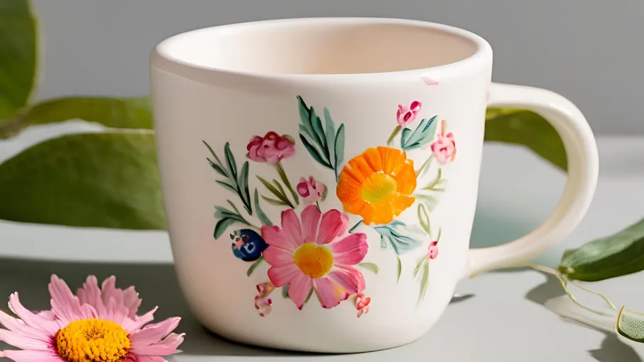 Blumenbecher auf Tisch mit Blüten.