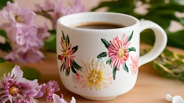 Blumengeschmückter Becher mit Kaffee neben Blumen.