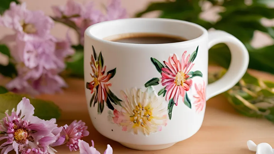 Floral-decorated mug with coffee beside flowers.