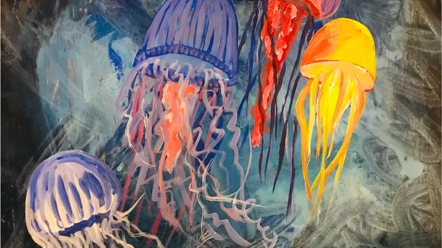 Colorful jellyfish swimming in an ocean scene.