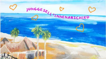 Beach scene with palm trees and bungalows.