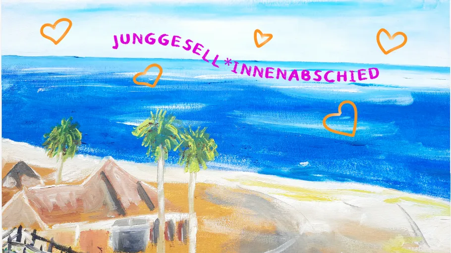 Beach scene with palm trees and bungalows.