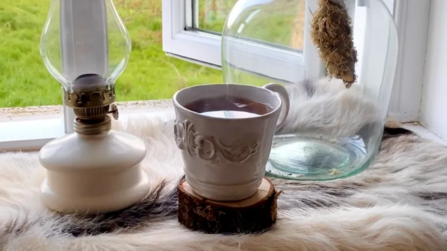 Tasse auf Fell am Fenster.