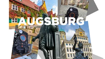 Rucksack und Statue in Augsburg Stadtcollage.