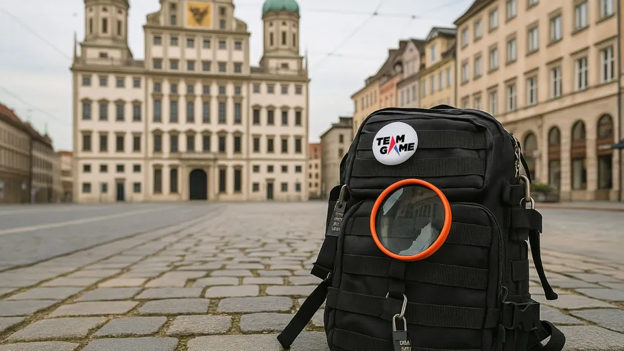Schwarzer Rucksack auf Kopfsteinpflaster, historisches Gebäude hinten.
