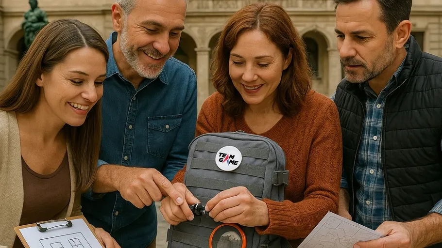 Group solving puzzle outdoors with backpack.