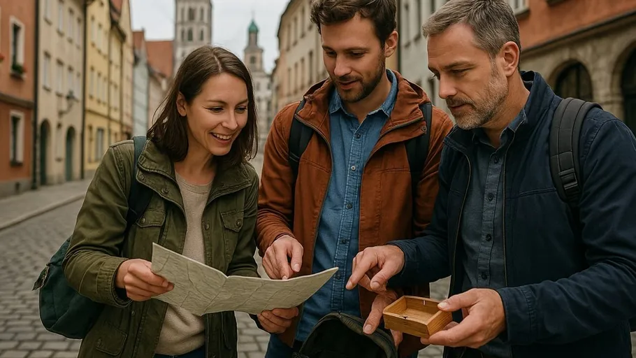 Three people looking at a map on a street.