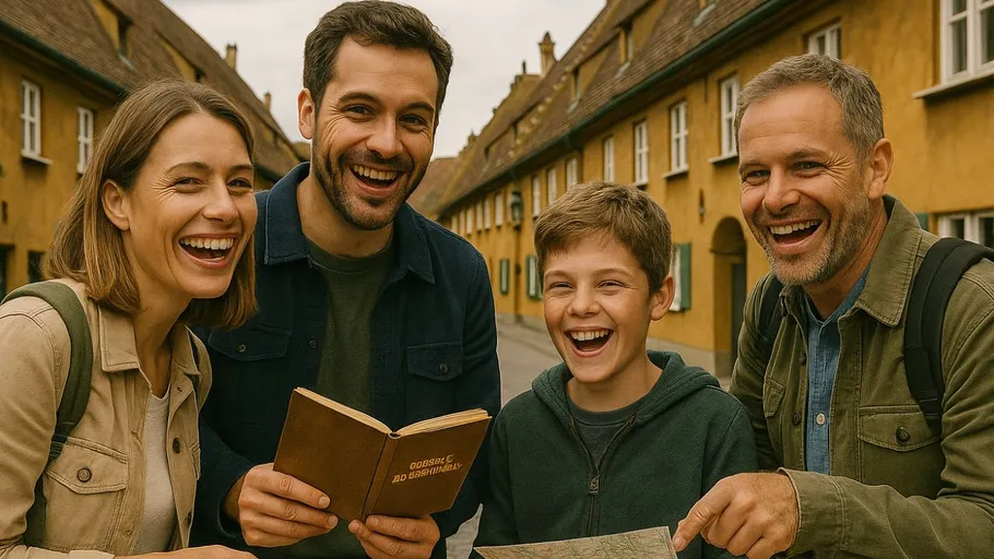 Group smiling, holding map, in historic street.