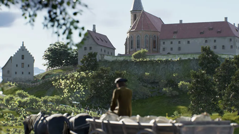Horse-drawn cart in front of historic buildings.