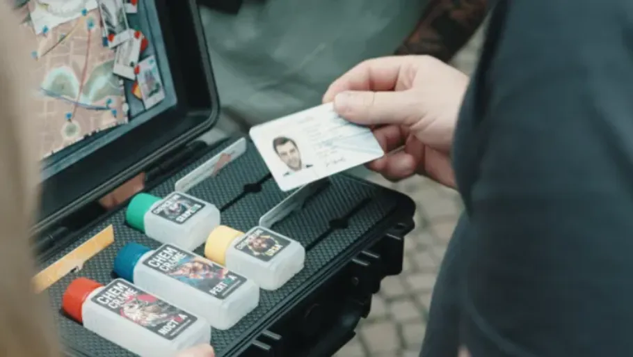 Person überprüft Ausweis über Koffer mit Fläschchen.