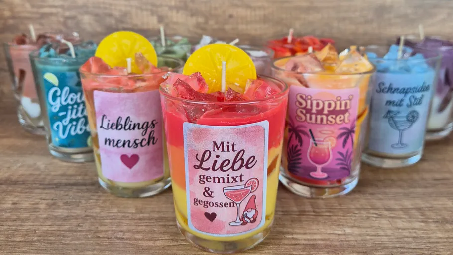 Bunte, cocktailthematisierte Kerzen mit dekorativen Etiketten.