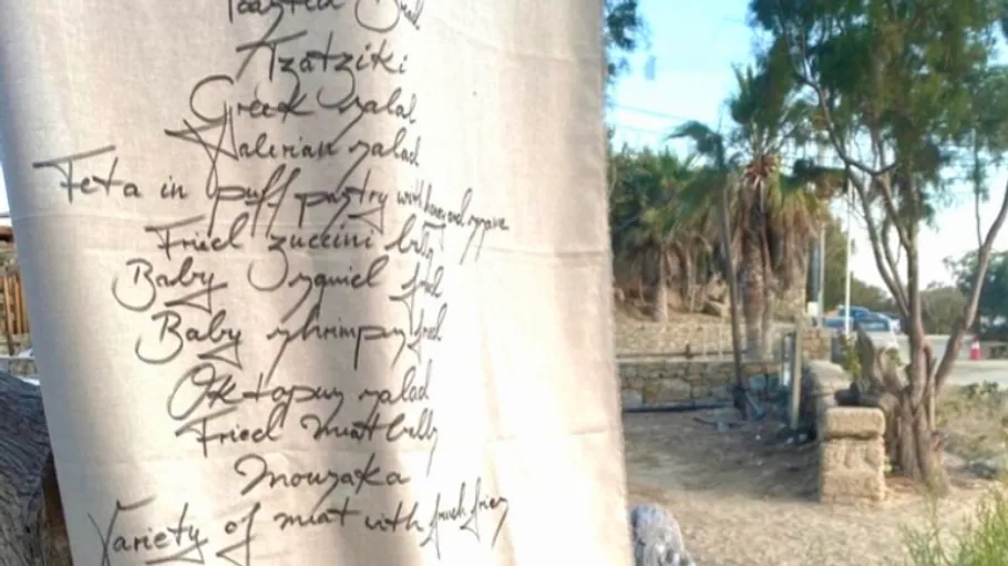 Menu on fabric near trees outdoors.