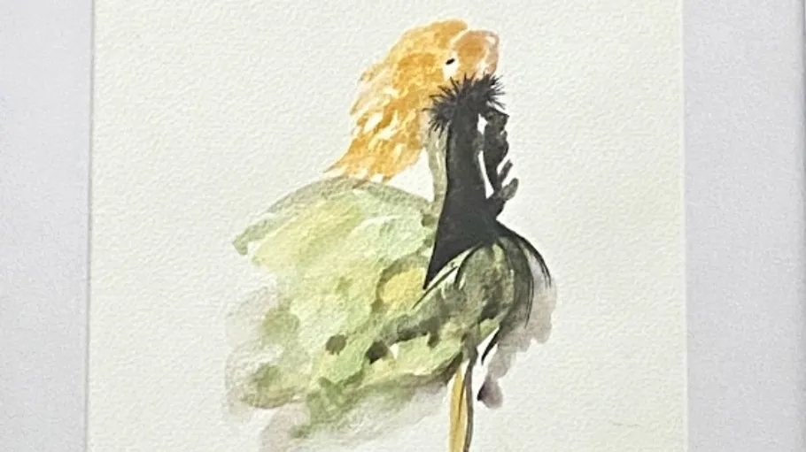 Abstract figure in green and black dress.