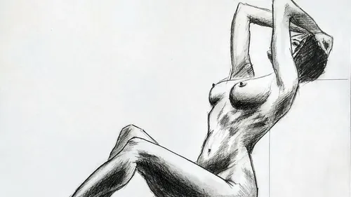 Nackte Figur in liegender Pose gezeichnet.