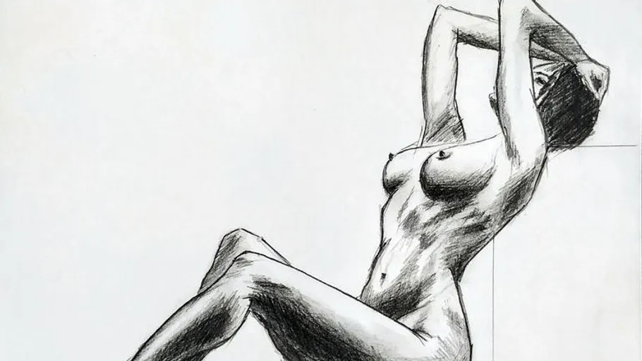 Nackte Figur in liegender Pose gezeichnet.