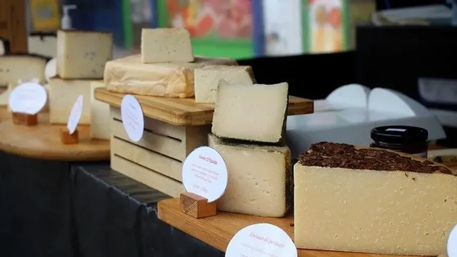Assorted cheeses displayed at a market stall.