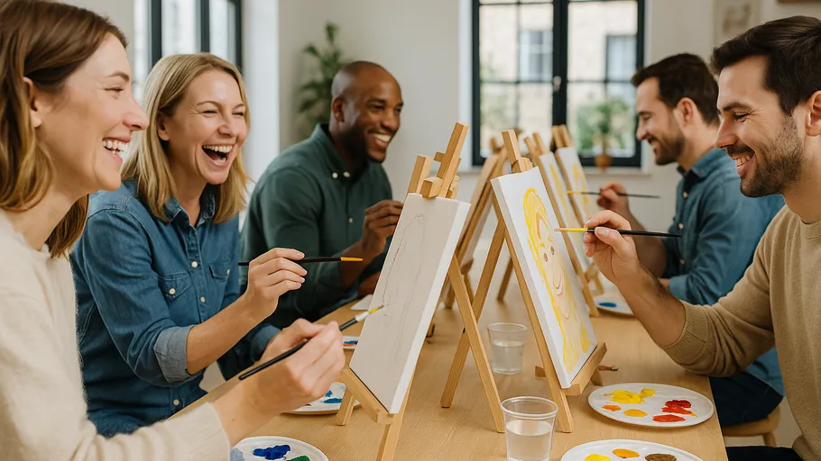 Five people painting and laughing indoors.