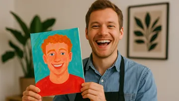 Man holding a colorful portrait painting indoors.