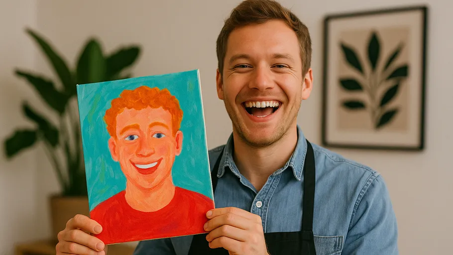 Man holding a colorful portrait painting indoors.