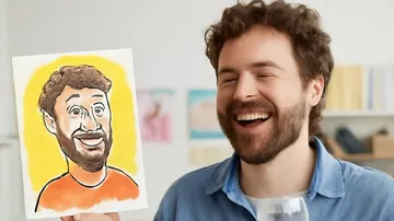 Man holding caricature of himself, laughing indoors.