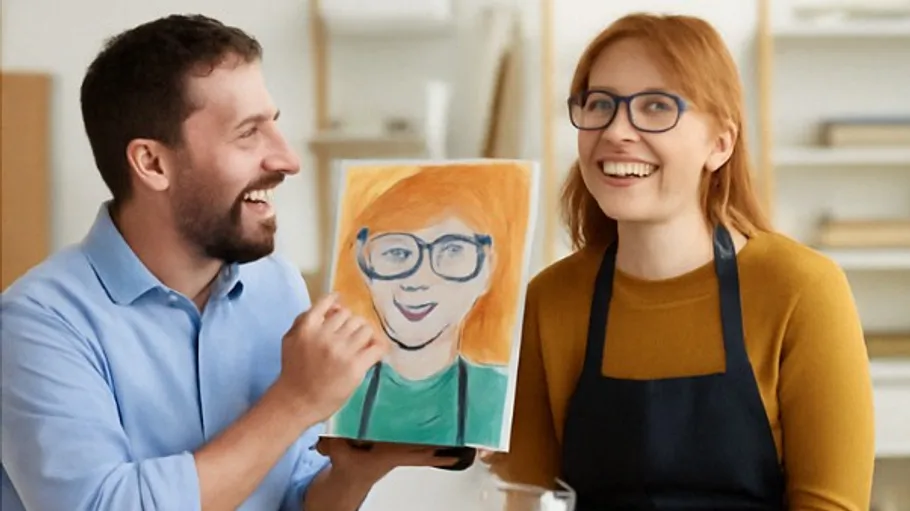 Man shows woman a drawing of her smiling.