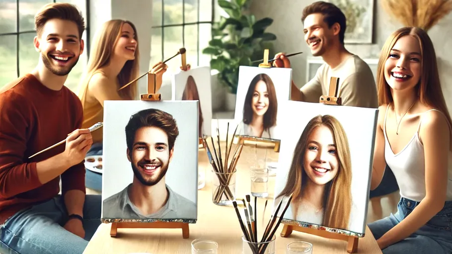 People painting portraits in a bright room.
