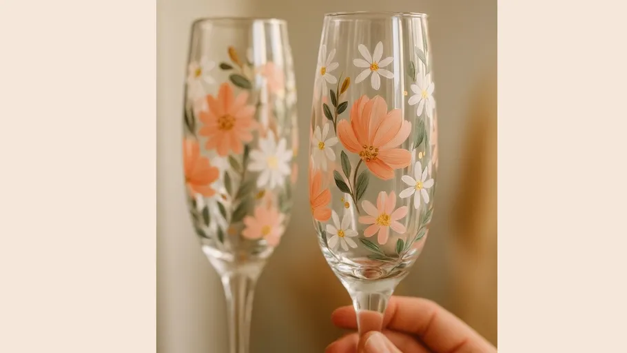 Hand holding floral-painted champagne glass.
