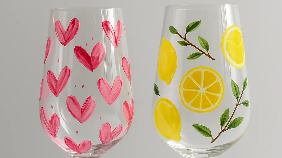 Two glasses with heart and lemon designs.
