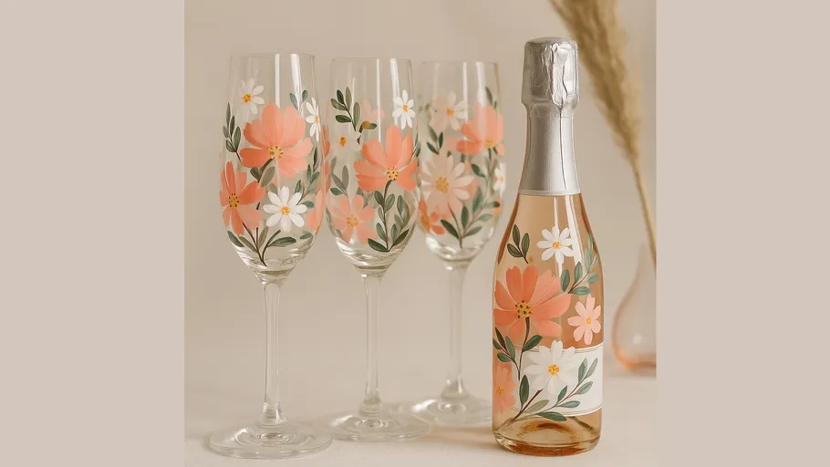 Floral champagne flutes and bottle; elegant setting.