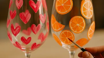 Gläser bemalt mit Herzen und Orangen.