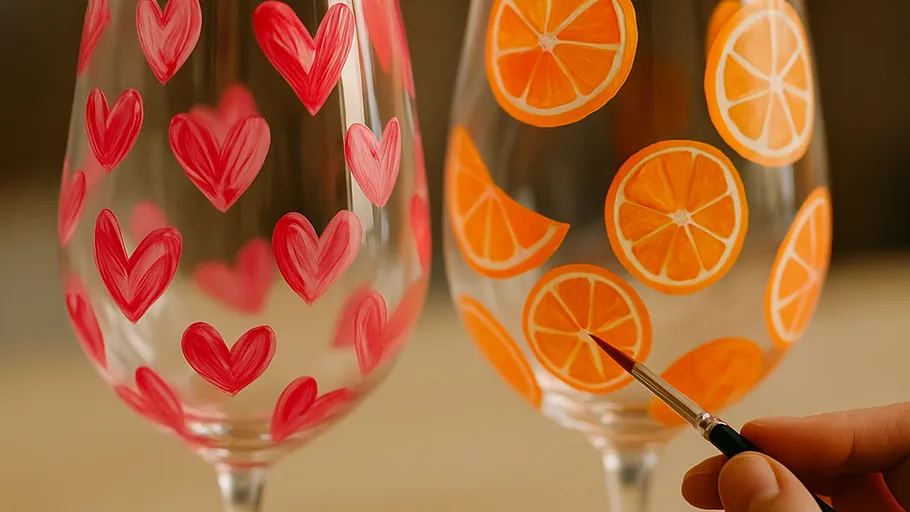 Glasses painted with hearts and oranges.