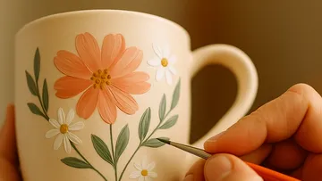 Person malt Blumen auf Keramiktasse