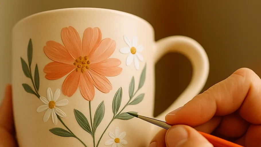 Person malt Blumen auf Keramiktasse
