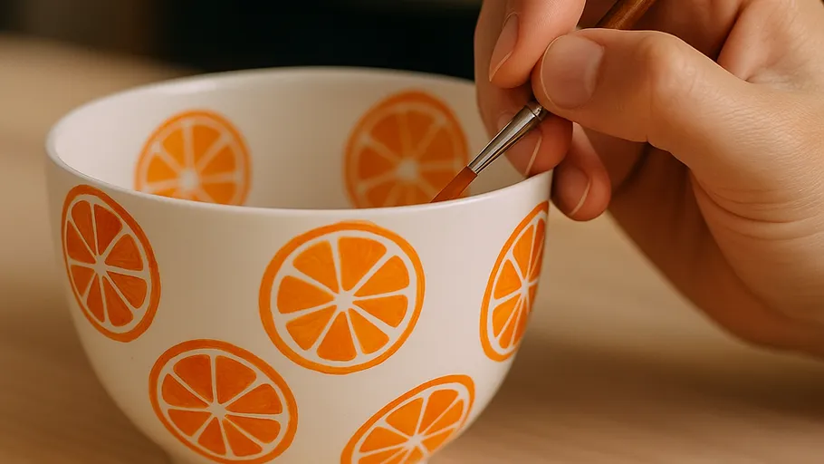 Hand bemalt Schüssel mit Orangenscheiben.