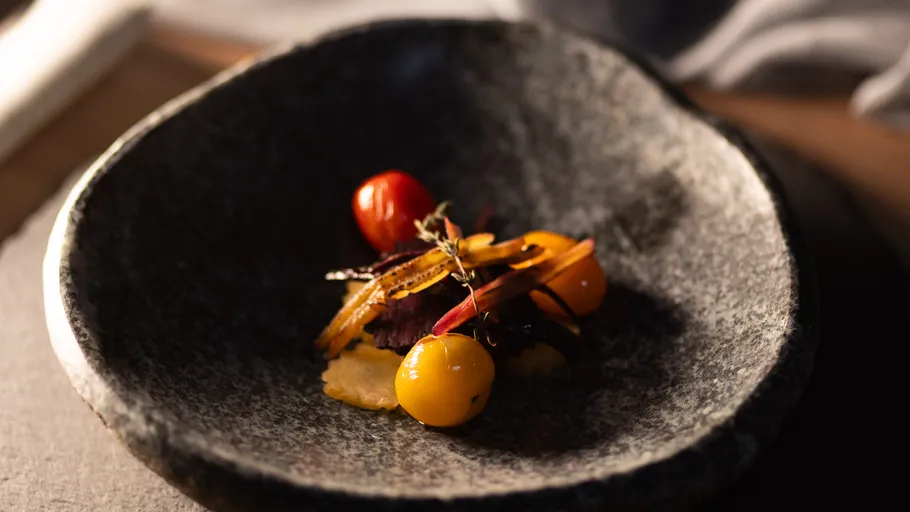 Gourmetgericht mit Tomaten in Steinschale.