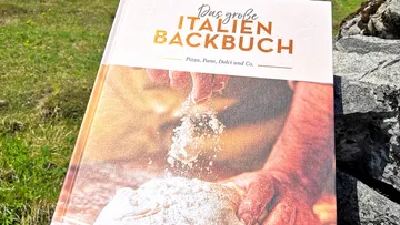 Italian baking book on grass near rocks.