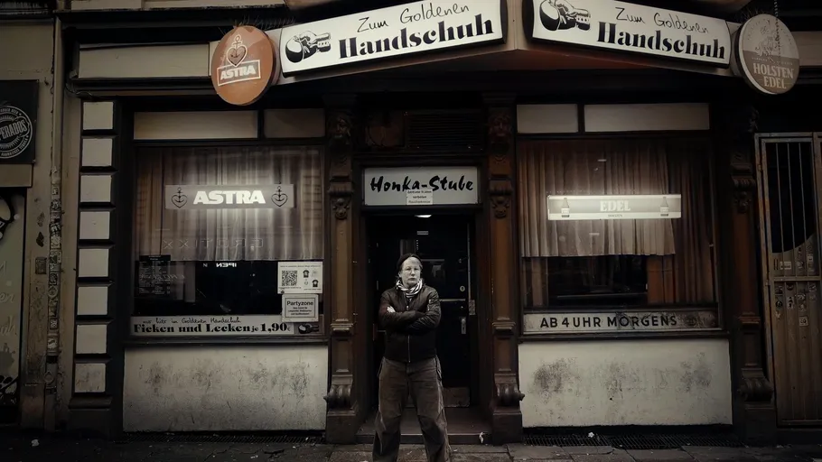 Man stands outside dimly lit bar entrance.