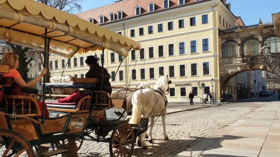 Horse-drawn carriage on cobblestone street, city buildings.