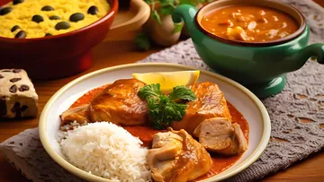 Chicken with sauce, rice, and soup on table.