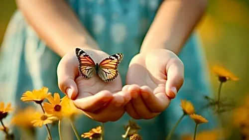 Butterfly resting on hands in field.