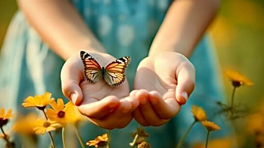 Butterfly resting on hands in field.