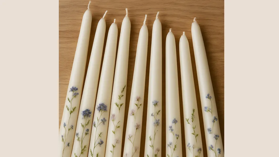 Hohe Kerzen mit Blumendesigns auf Holzoberfläche.