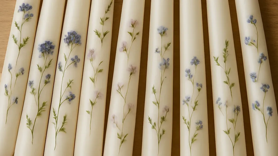 Kerzen mit Blumendesigns auf Holzoberfläche.