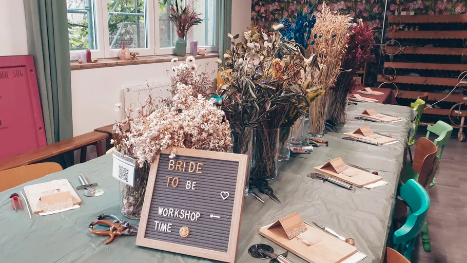 Craft table set for bride-to-be workshop.