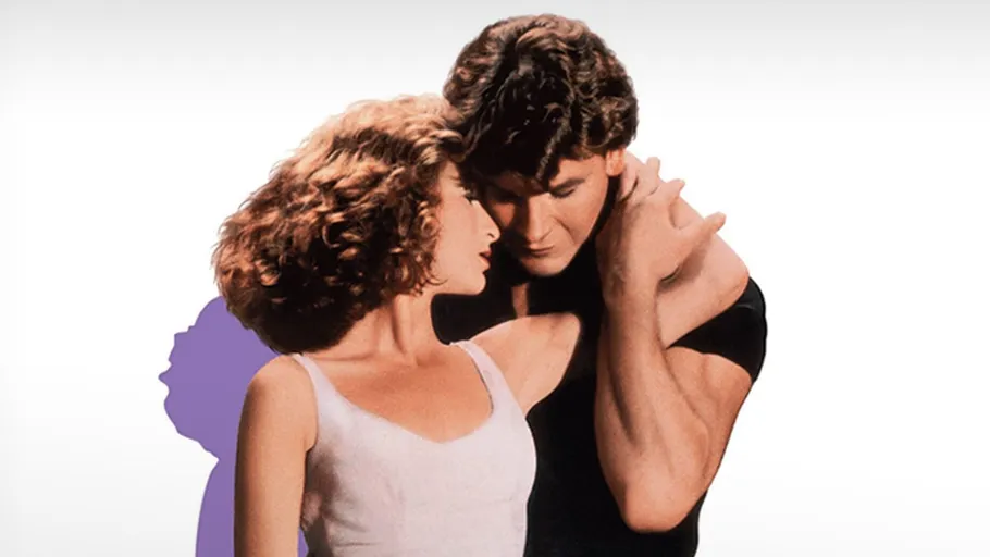 Couple dancing closely, white background.